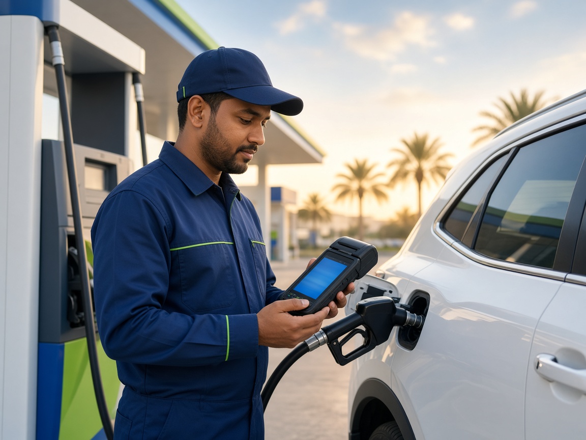 Pump attendant using a handheld mobile POS at a fuel station